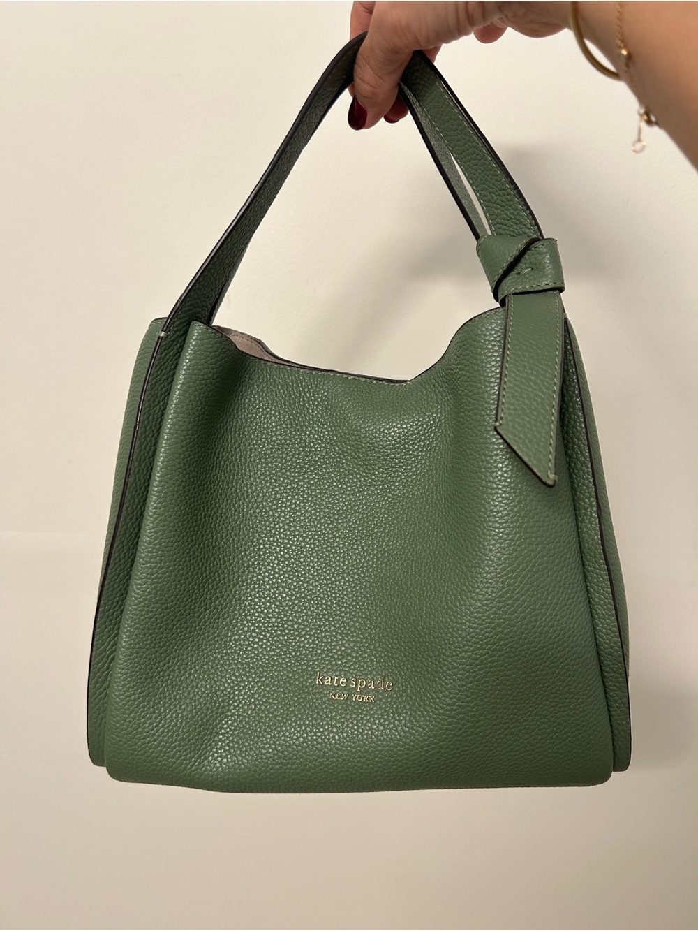 kate spade Knott Carryall Crossbody Satchel in Moss Green Pebbled Leather.